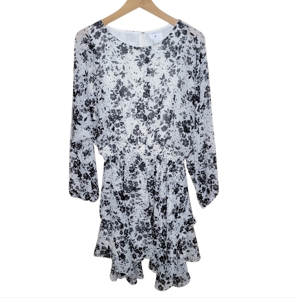 NWT Socialite | Black Ivory Floral Long Sleeve Handkerchief Hem Dress Medium